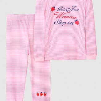 Dětské Pruhované Pyžamo Jahodový Potisk S Kulatým Výstřihem Dlouhý Rukáv Dívčí Top A Kalhoty