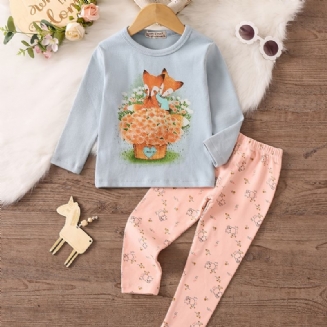 Děťátko Pyžamo Rodinný Outfit Zvířata Potisk S Kulatým Výstřihem Dlouhý Rukáv Top & Kalhoty Set Pro Dívky Dětské Oblečení