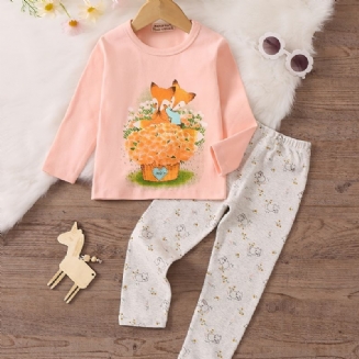 Děťátko Pyžamo Rodinný Outfit Zvířata Potisk S Kulatým Výstřihem Dlouhý Rukáv Top & Kalhoty Set Pro Dívky Dětské Oblečení