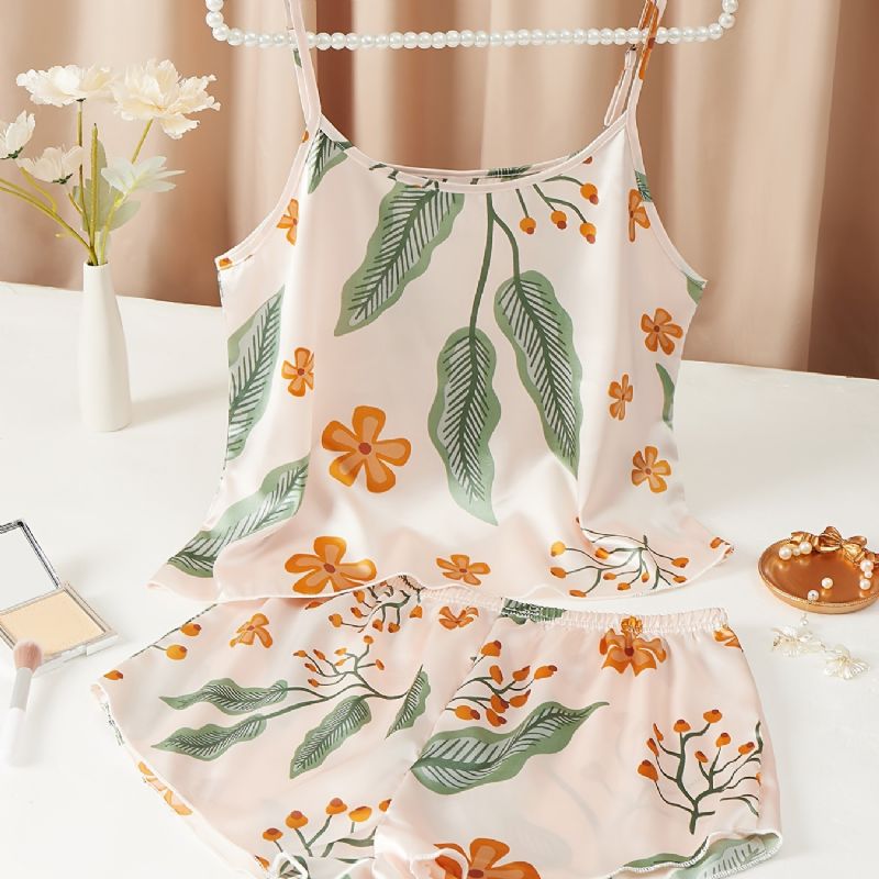 Hedvábné Květinové Saténové Pyžamo Crop Cami Top & Chlapecké Šortky Pyžamový Set Dámské Spodní Prádlo A Oblečení Na Spaní