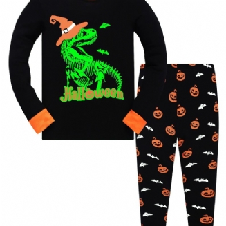 Popshion 2ks Chlapci Halloween Fluorescent Cartoon Dinosaurus Zářící Kostěná Kost Pyžamo Bavlněný Oblek S Dlouhým Rukávem