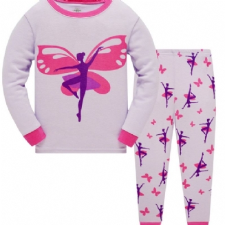 Popshion 2ks Dívky Butterfly Dancer Cartoon Contrast Trim Top & Pyžama Kalhoty Set