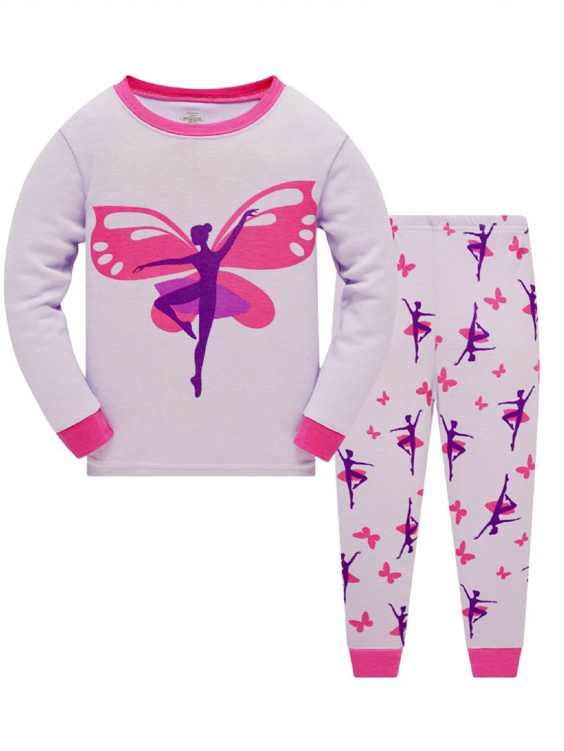 Popshion 2ks Dívky Butterfly Dancer Cartoon Contrast Trim Top & Pyžama Kalhoty Set