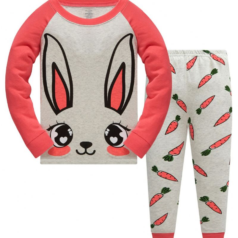 Popshion 2ks Dívky Rabbit Cartoon Color Block Top & Radish Pattern Pyžama Kalhoty Set