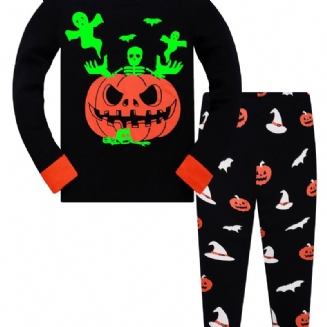 Popshion Chlapci Fluorescentní Halloween Dýně Skull Bat Pyžamo Kalhoty S Dlouhým Rukávem