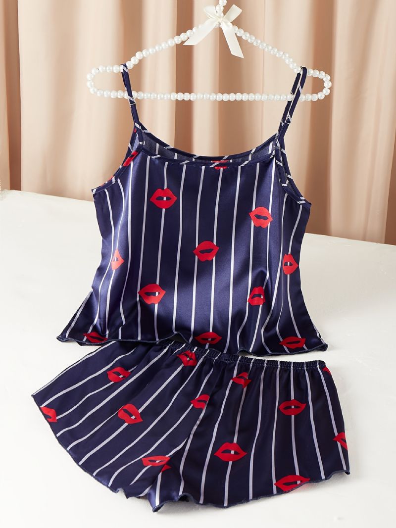Vzor Hedvábných Rtů Saténové Pyžamo Crop Cami Top & Chlapecké Šortky Pyžamový Set Dámské Spodní Prádlo A Oblečení Na Spaní