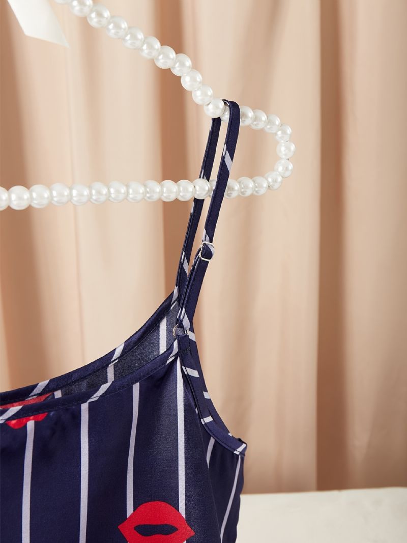 Vzor Hedvábných Rtů Saténové Pyžamo Crop Cami Top & Chlapecké Šortky Pyžamový Set Dámské Spodní Prádlo A Oblečení Na Spaní