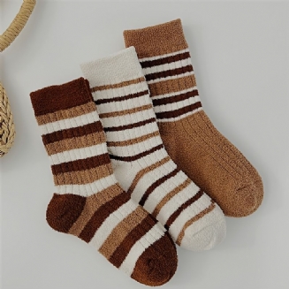3 Páry Podzimní Zimní Dětské Oboustranné Fleecové Teplé Pruhované Podlahové Ponožky