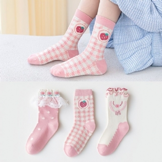 3páry Dětské Dívčí Krajkové Jahodové Bavlněné Ponožky