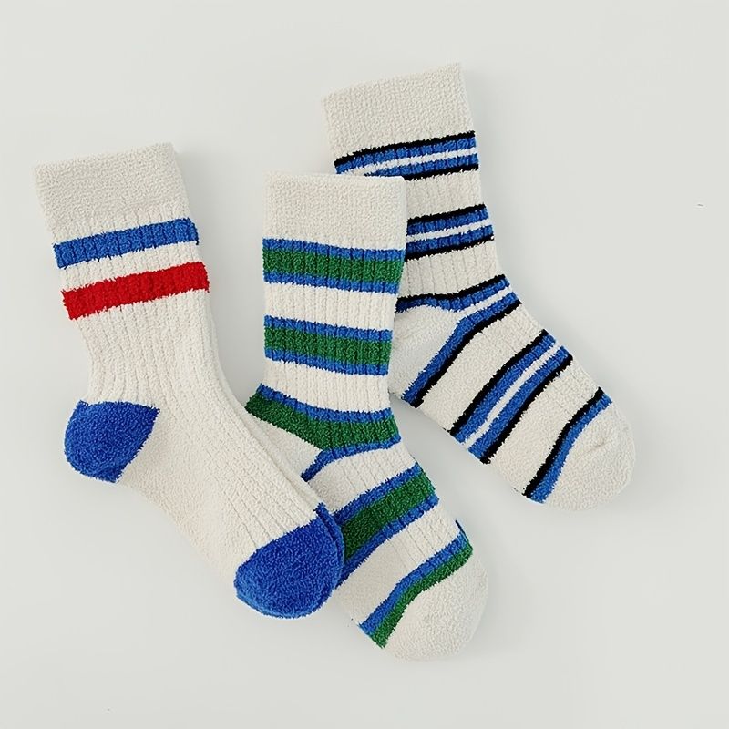 3páry Dětské Pruhované Ponožky Fleece Warm Crew Pro Chlapce A Dívky