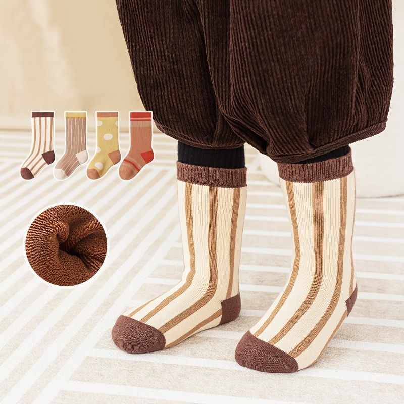 4 Páry Froté Zahuštěné Dětské Ponožky S Proužkovanou Bavlnou Se Střední Trubkou Studené