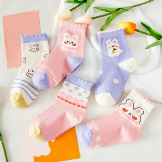 5 Párů Cartoon Bunny Dívky Socks Pruhované Bavlněné Dětské Ponožky Crew
