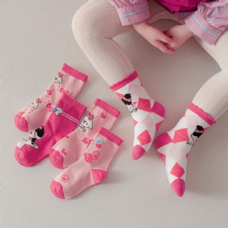 5 Párů Dívčí Ponožky Cartoon Argyle Pink Cotton Crew Socks Dětské