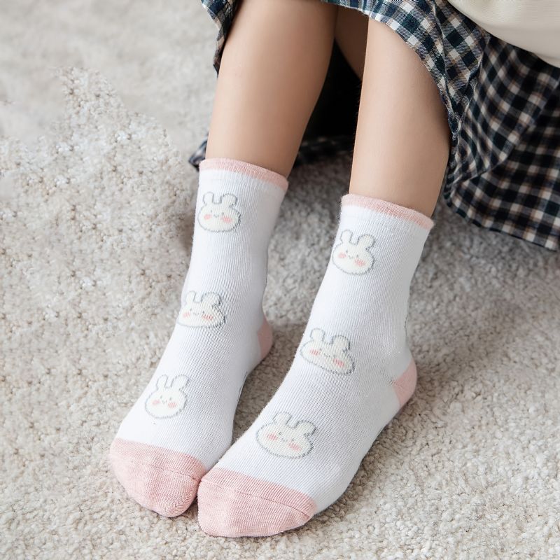 5 Párů Dívčích Ponožek Kreslený Zajíček S Jahodovým Vzorem Bavlněné Ponožky Teplé Zimní