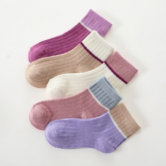5 Párů Dívčích Proužkovaných Bavlněných Ponožek S Barevným Blokem