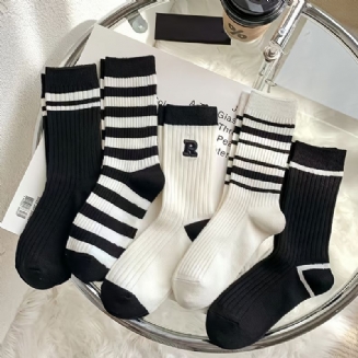 5 Párů Dívčích Proužkovaných Ponožek Se Vzorem Bavlněných Posádek Dětské Ponožky