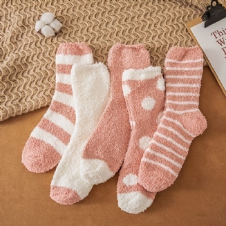 5 Párů Dětské Dívčí Coral Fleece Ponožky Pruhované Tečky Zahuštěné Teplé Crew Zimní