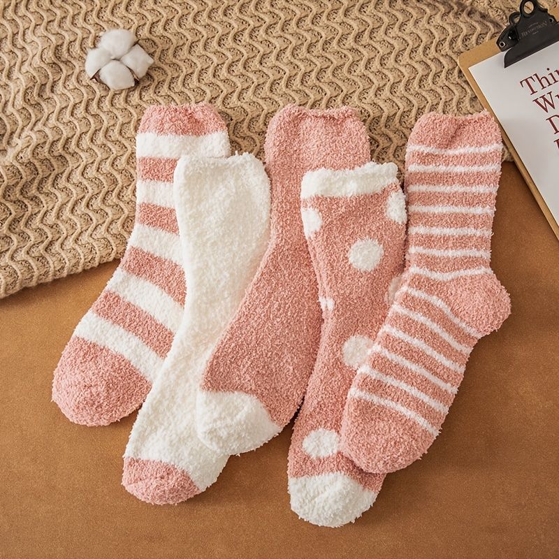 5 Párů Dětské Dívčí Coral Fleece Ponožky Pruhované Tečky Zahuštěné Teplé Crew Zimní