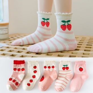 5 Párů Dětské Dívčí Ponožky Jahodový Vzor Bavlněné