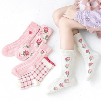 5 Párů Dětské Dívčí Ponožky Květiny Kostkovaný Vzor Bavlna Crew Teplá Zima