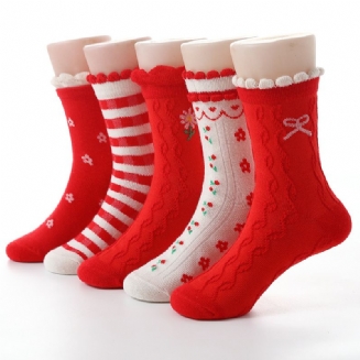 5 Párů Dětské Dívčí Ponožky Pruhovaný Květinový Vzor Bavlněné Teplá Zima