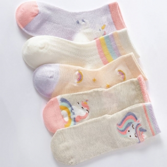 5 Párů Dětské Ponožky Cartoon Unicorn Rainbow Mesh Prodyšné Bavlněné Crew Pro Dívky