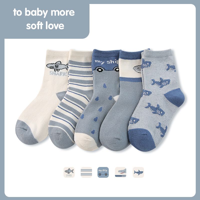 5 Párů Dětské Ponožky Se Vzorem Shark Stripe Cotton Crew Teplá Zima Pro Chlapce Dívky