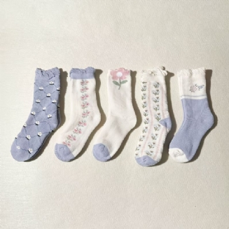 5 Párů Dětské Ponožky Vzor Květiny Bavlněné Tlusté Teplé Zimní Pro Dívky