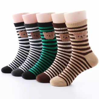 5 Párů Dětské Ponožky Vzor Plyšového Medvídka Pruhované Bavlněné Teplé Zimní Pro Kluky Dívky