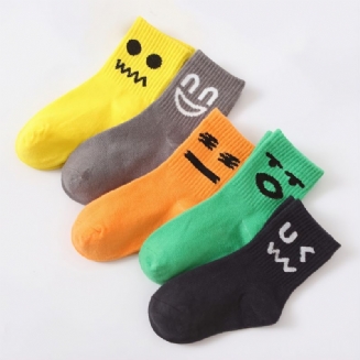 5 Párů Dětské Sporty Volný Čas Cartoon Emoji Bavlněné Ponožky Do Půlky Lýtek