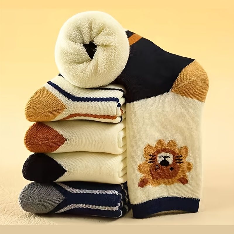 5 Párů Dětské Zahuštěné Teplé Plyšové Ponožky Kreslená Zvířátka Potisk Pruhy Bavlna Crew Teplá Zima Pro Chlapce Dívky