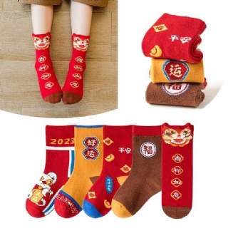 5 Párů Dětské Červené Ponožky Kreslený Vzor Bavlněné Crew Teplá Zima Chlapci Dívky Pro Čínský Jarní Festival Nový Rok