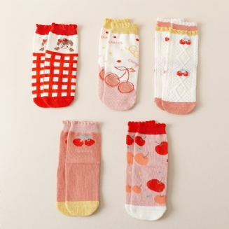5 Párů Dětských Kreslených Kostkovaných Bavlněných Ponožek