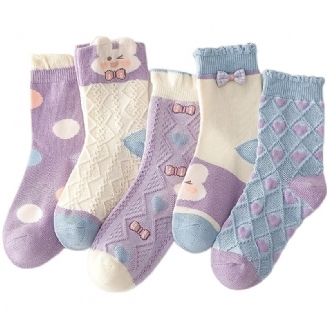 5 Párů Dětských Ponožek Cartoon Purple Rabbit Pattern Bavlněné Crew Ponožky Pro Dívky