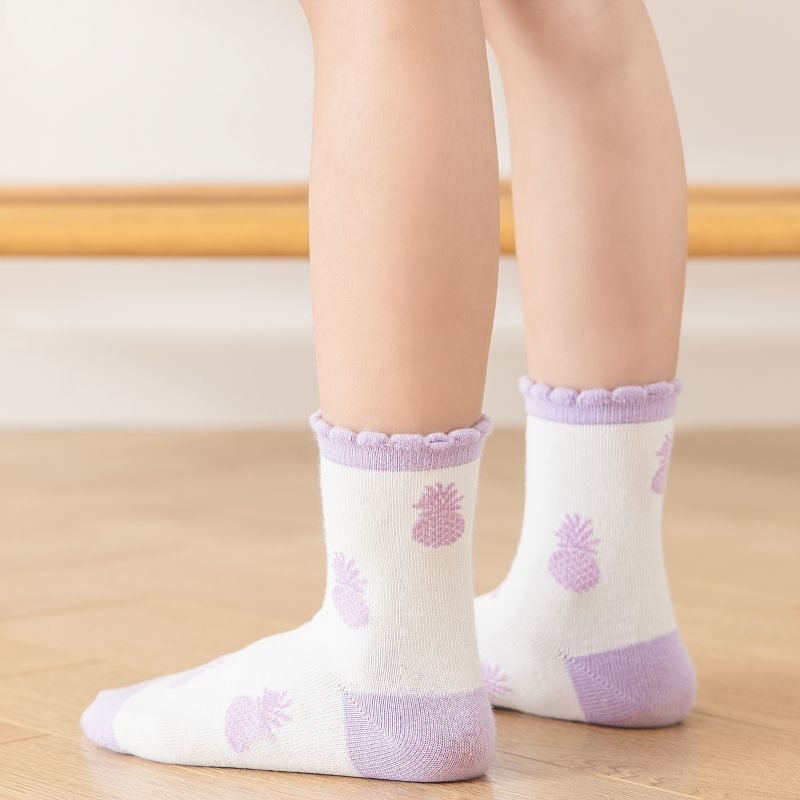5 Párů Fialové Dívčí Ponožky Bowknot Ananas Bavlněné Dětské Crew Socks