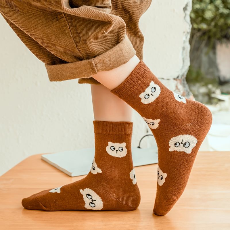 5 Párů Kitty Dívky Ponožky Kostkované Hnědé Bavlněné Dětské
