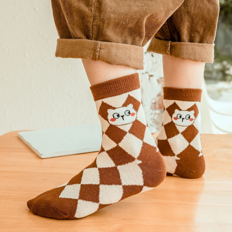 5 Párů Kitty Dívky Ponožky Kostkované Hnědé Bavlněné Dětské