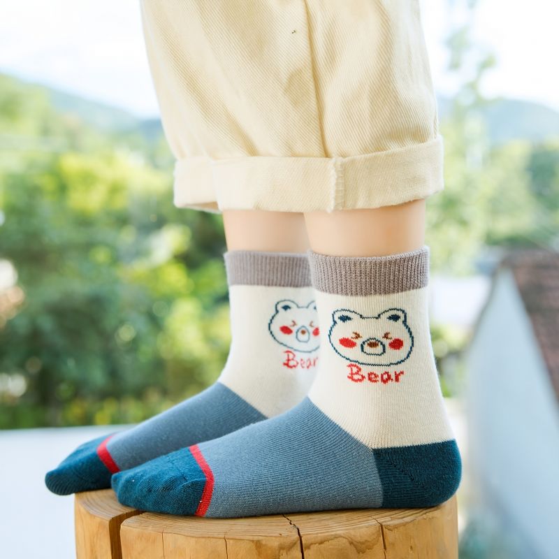 5 Párů Pruhované Kreslené Chlapecké Ponožky Cotton Bear Děti Crew Socks
