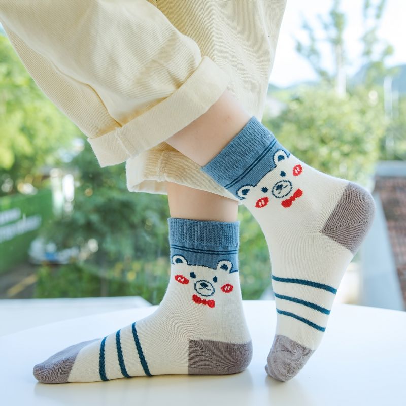 5 Párů Pruhované Kreslené Chlapecké Ponožky Cotton Bear Děti Crew Socks