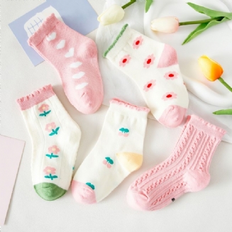 5 Párů Roztomilých Květinových Dívčích Ponožek Bavlněné Barevné Bloky Pro Děti Crew Socks