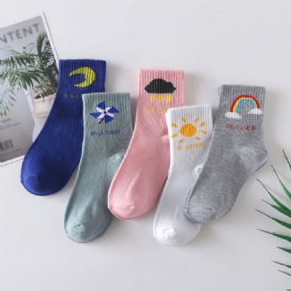 5pairs Dívky Weather Icons Pattern Cotton Crew Socks Dětské Ponožky