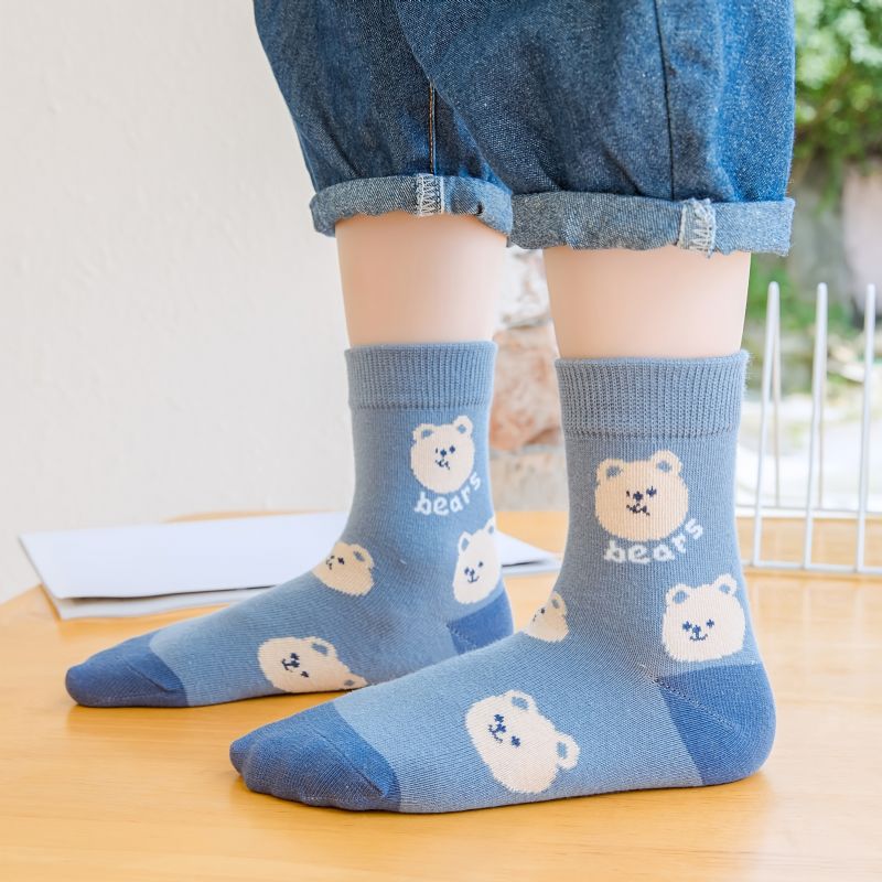 Pět Párů Kresleného Modrého Medvěda Podzim Zima Dětské Ponožky Miminko Střední Velké Studentské Pruhované