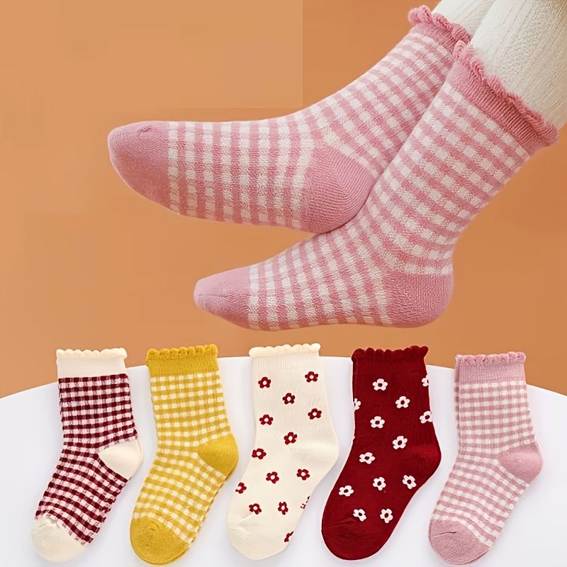 Sada 5 Párů Dětských Ponožek Zimní Kostkovaný Květinový Potisk Bavlněné Ponožky Do Půli Lýtek