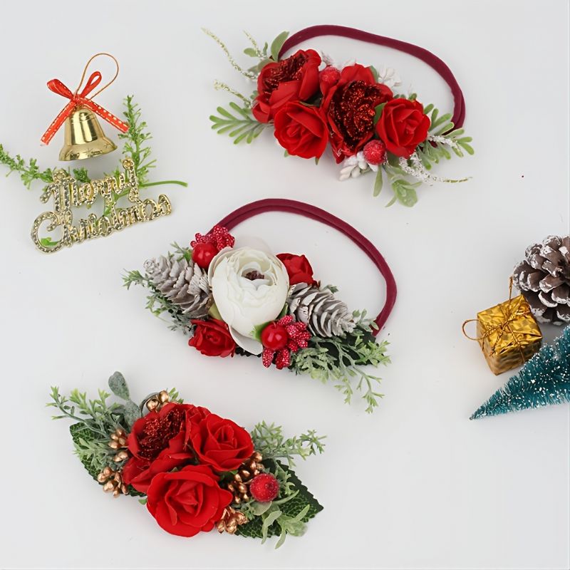 1ks Vánoční Nylonové Čelenky Pro Holčičky Doplňky Do Vlasů Z Umělých Květin Pro Batolata A Děti