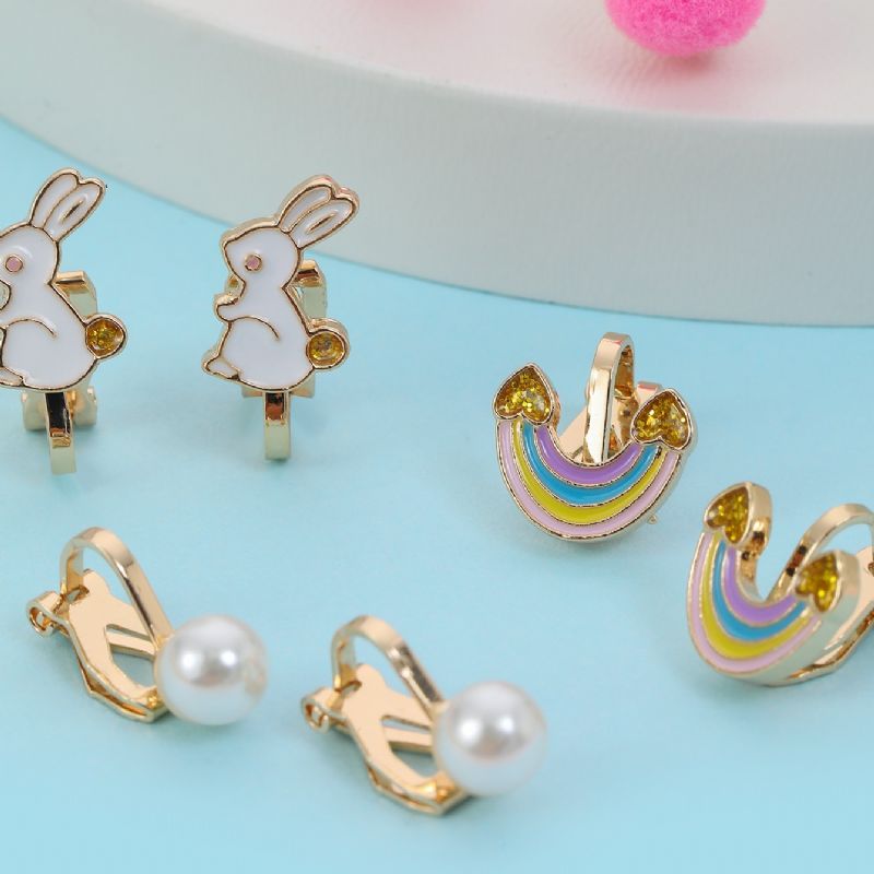 4páry Dětské Dívčí Ušní Klipsy Rabbit Rainbow Pearls Hair Ball Decor Set
