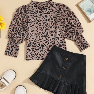 2ks Dívčí Elegantní Leopardí Potisk Top S Nabíraným Rukávem Černý Knoflík Dekor Sada Sukní Oblečení
