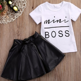 2ks Dívčí Mini Boss Tričko S Krátkým Rukávem Černá Pu Kožená Sukně Set Oblečení