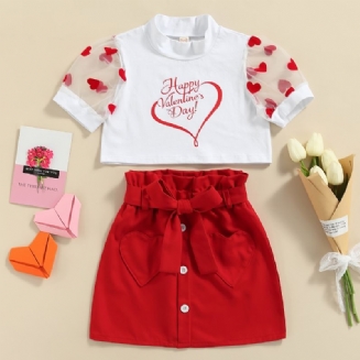 2ks Dívčí Šťastný Valentýn Dopisní Tisk Síťovina Krátký Rukáv Top Pásek Knoflík Sukně Oblečení