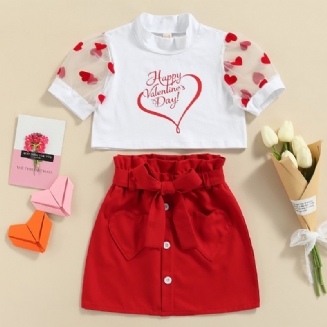 2ks Dívčí Šťastný Valentýn Dopisní Tisk Síťovina Krátký Rukáv Top Pásek Knoflík Sukně Oblečení