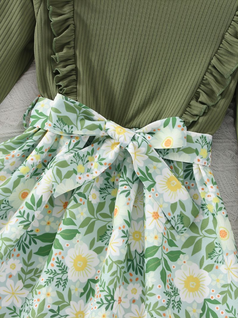Nové Dlouhé Rukávy S Kulatým Výstřihem Zelené Proužky S Květinami Listy Potisk Ležérní Móda Dívčí Sukně Roztomilé Šaty